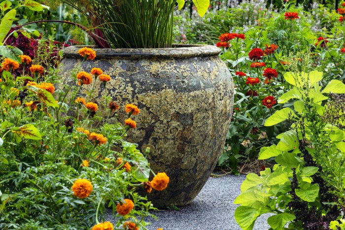 Large weathered pot with marigolds and zinnias