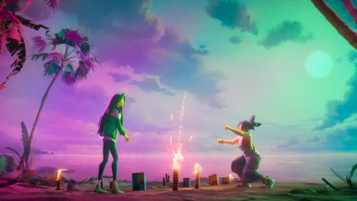 Two girls setting off fireworks on a tropical island