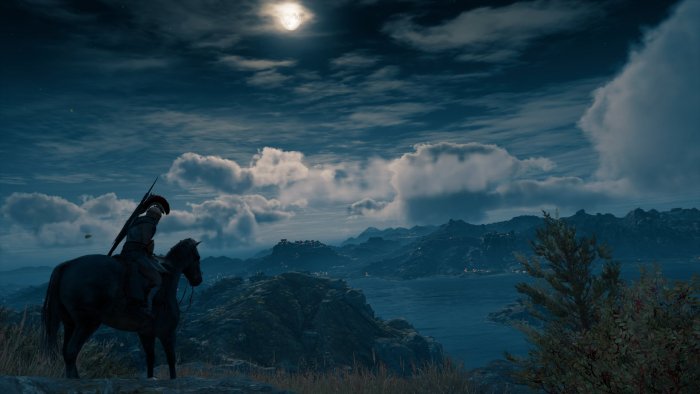 Assassin's Creed Odyssey: Rider on a horse overlooking a bay