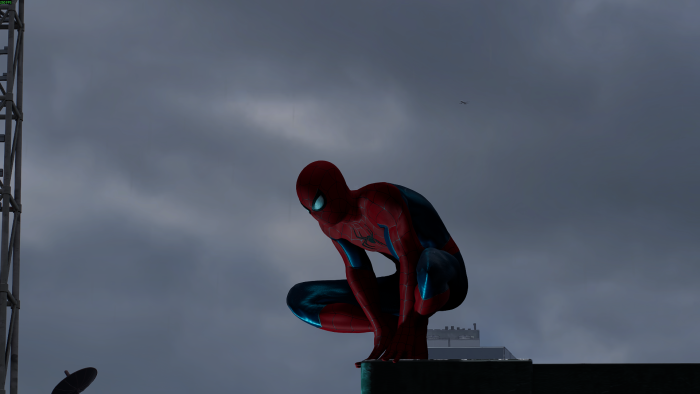 Spider-Man crouching on a rooftop under a cloudy sky