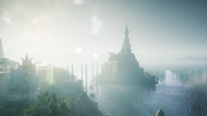 Fantasy island with a castle and village