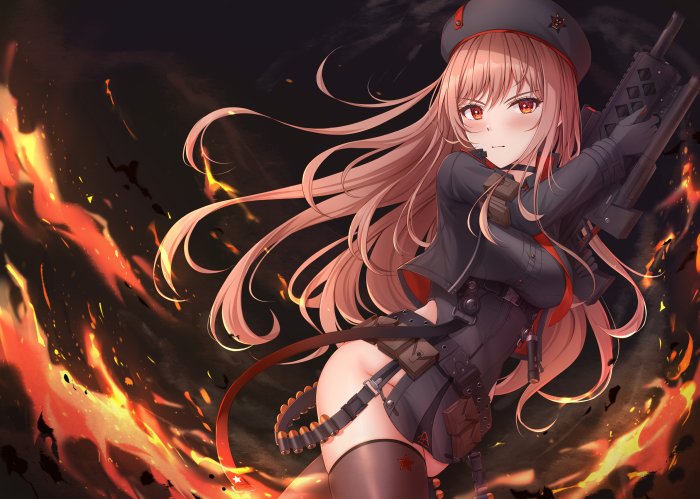 Anime Girl in Military Outfit Holding a Rifle Amidst Flames