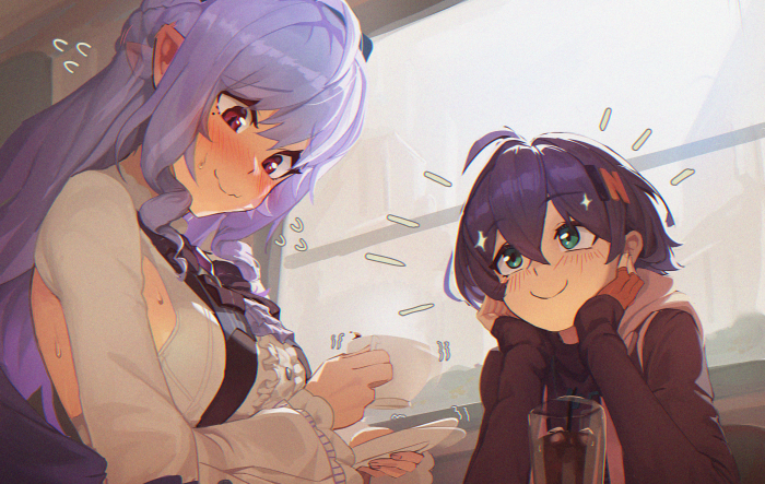 Two anime girls enjoying drinks at a cafe