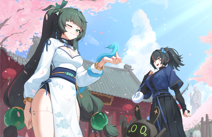 Two anime girls in traditional Chinese outfits with a snake