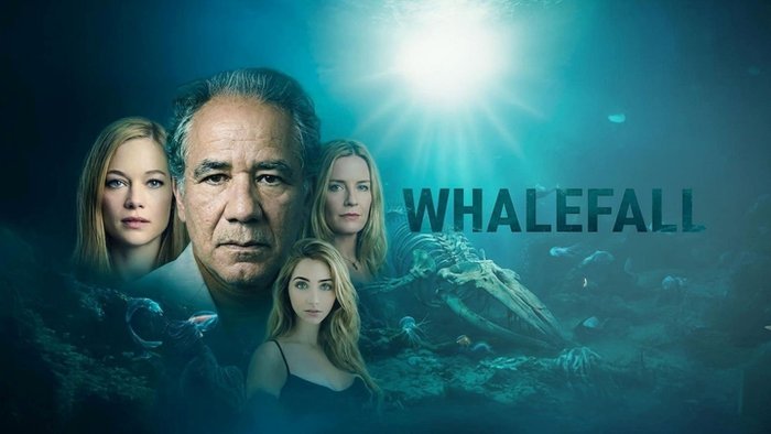 Whalefall movie poster with cast and whale skeleton