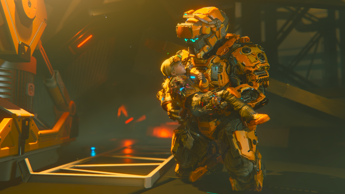 Robot holding a child in a sci-fi setting