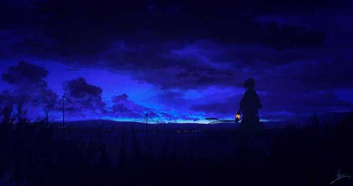 Anime girl with lantern in a field at dusk