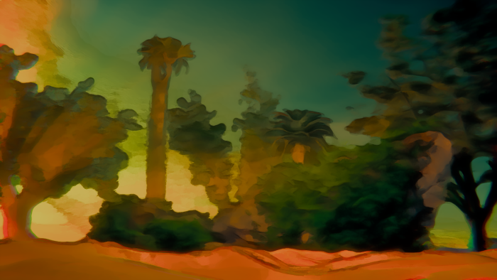Stylized desert landscape with palm trees