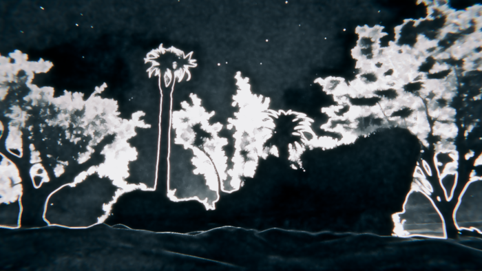 Stylized night landscape with palm trees and stars