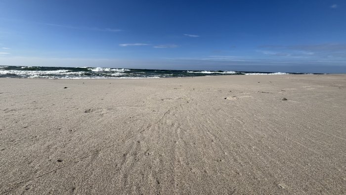 Sandy beach with ocean waves under a blue sky