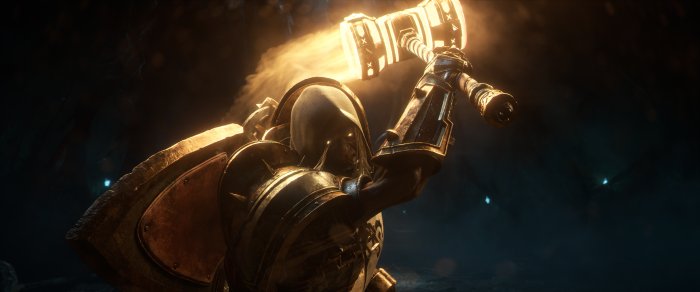 Warhammer 40,000 Space Marine with glowing hammer