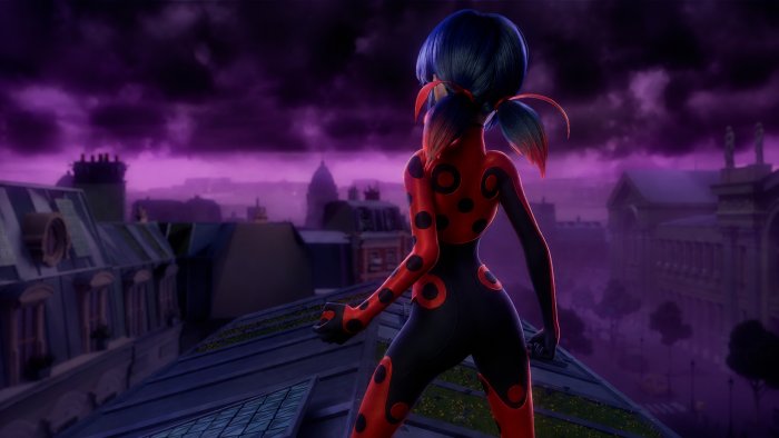 Ladybug on a rooftop overlooking Paris at dusk