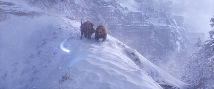 Dwarf and bear in a snowy mountain landscape
