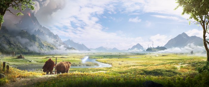 Two figures and a bear in a vast landscape with mountains