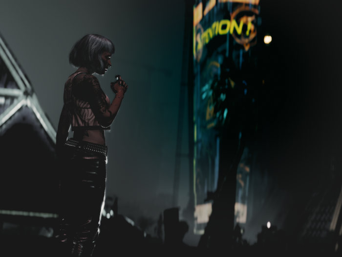 Woman in futuristic city holding a vial