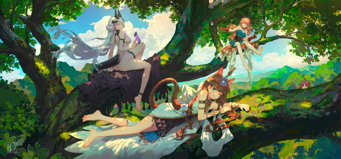 Anime girls relaxing on a large tree branch