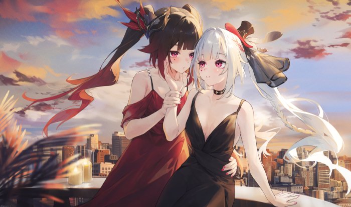 Two anime girls in dresses at sunset overlooking city