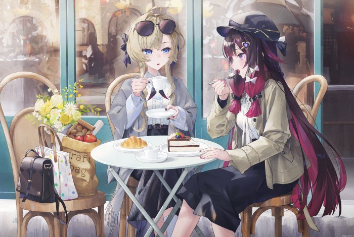 Two anime girls enjoying coffee and cake at a cafe