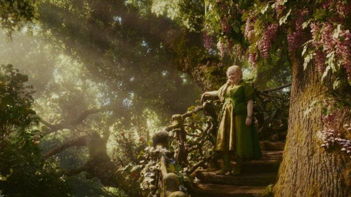 A woman in a green dress in a magical forest