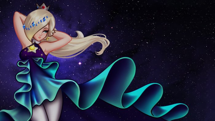 Rosalina in a starry dress against a cosmic background