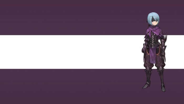 Anime character in dark armor with purple scarf