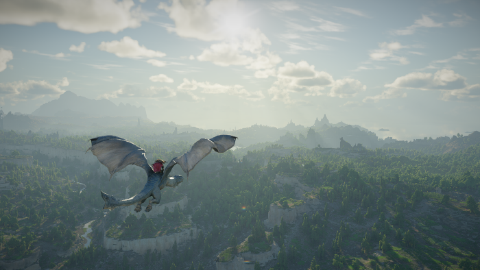 Dragon Rider flying over a fantasy landscape