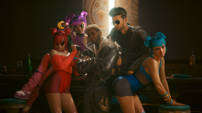 Cyberpunk 2077 characters posing in a bar