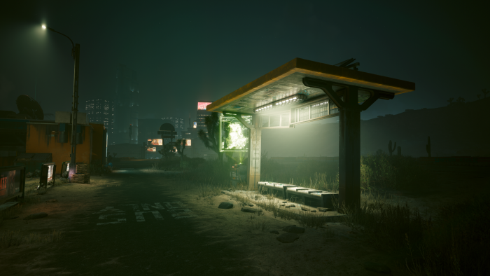 Cyberpunk bus stop at night with city skyline