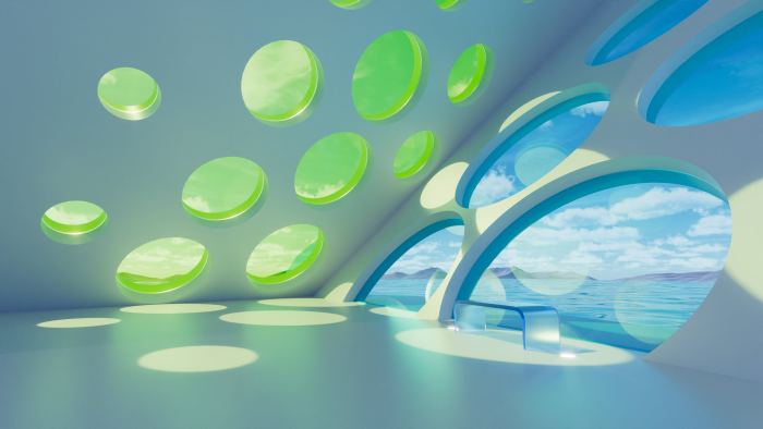 Futuristic interior with circular windows overlooking the ocean