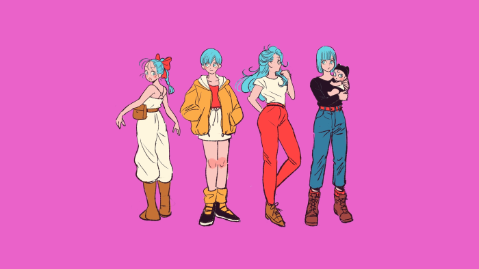 Four Bulma variations in anime art style