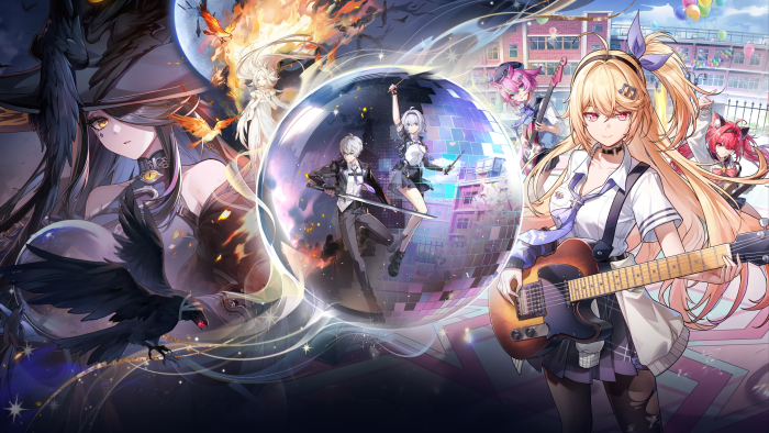 Anime characters with guitars and swords in a disco ball