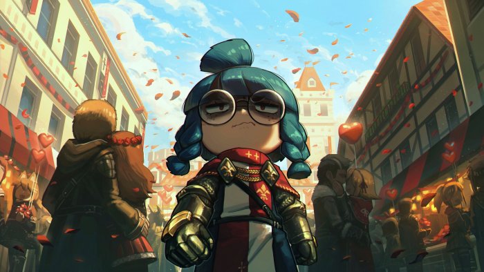 Chibi Knight in a Festive Town Square