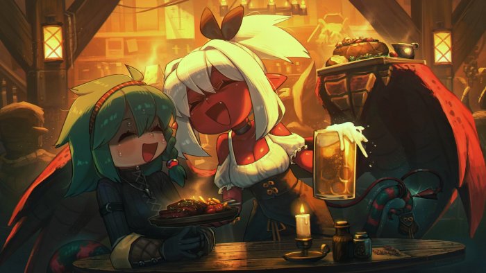 Two demon girls enjoying food and drinks in a tavern
