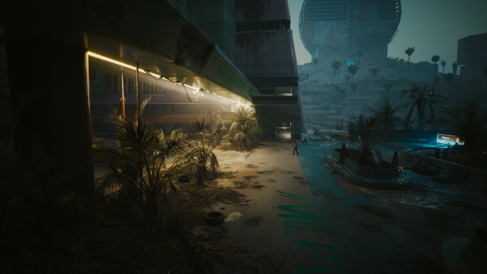 Cyberpunk city street with palm trees and neon lights