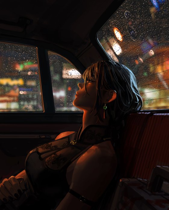 Woman in car looking out window at rainy city lights