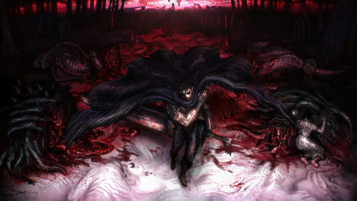 Guts standing amidst carnage in Berserk