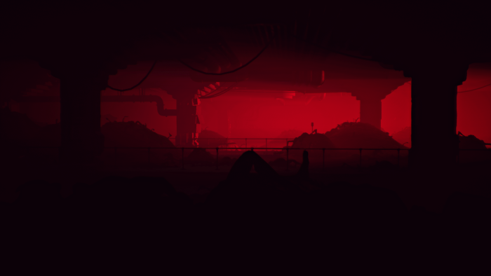 Dark industrial scene with red lighting and silhouette