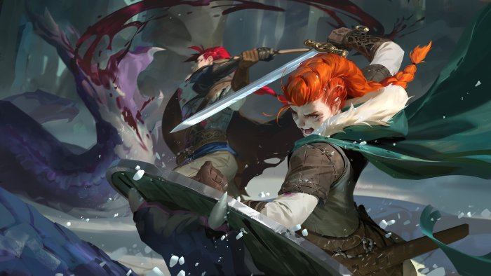 Two warriors fighting a serpent