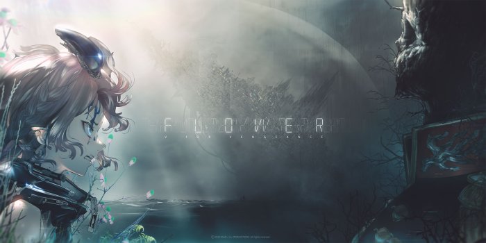 Anime girl with cybernetic headpiece in a desolate landscape