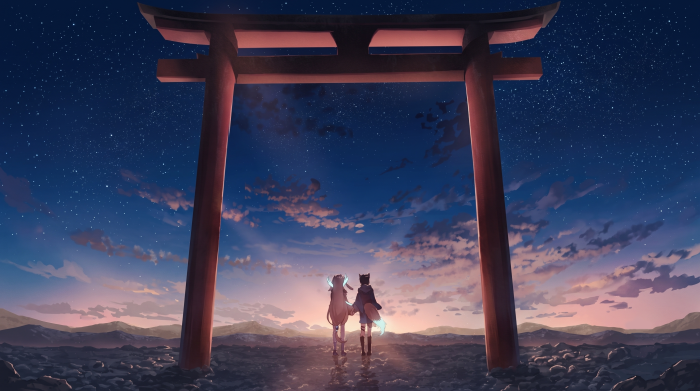 Two figures stand under a torii gate at sunset
