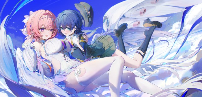 Two anime girls with wings in the sky