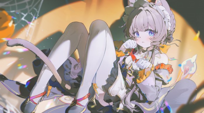 Anime girl with cat ears and tail, Halloween theme