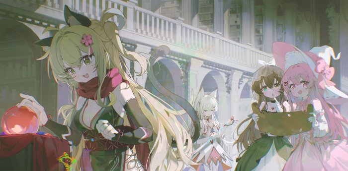 Anime girls with animal ears in a library