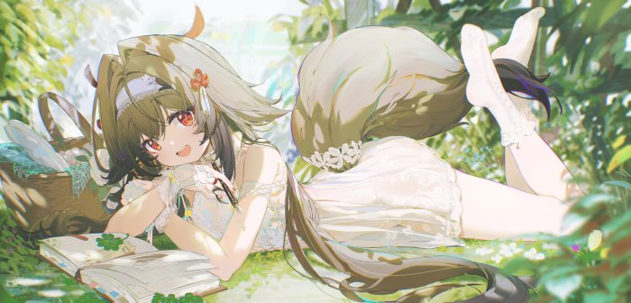Anime girl with cow ears reading a book in nature