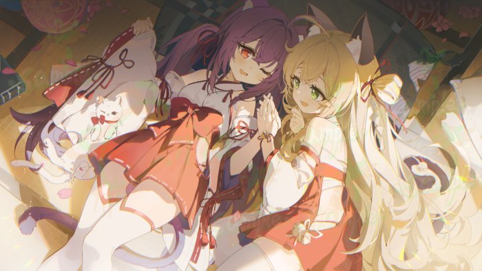 Two anime girls with cat ears and tails, holding hands