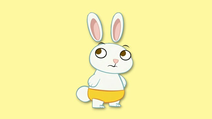 A cartoon rabbit wearing yellow shorts on a yellow background