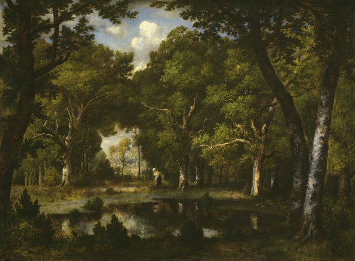 Painting of a wooded area with a pond and a figure
