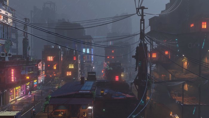 Rainy cyberpunk city street with neon signs