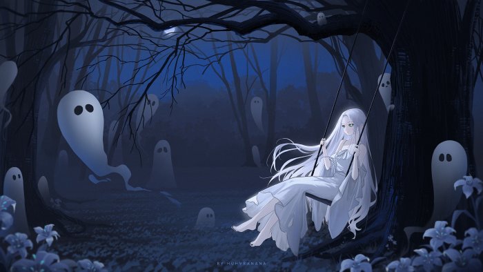 Girl on swing with ghosts in a dark forest