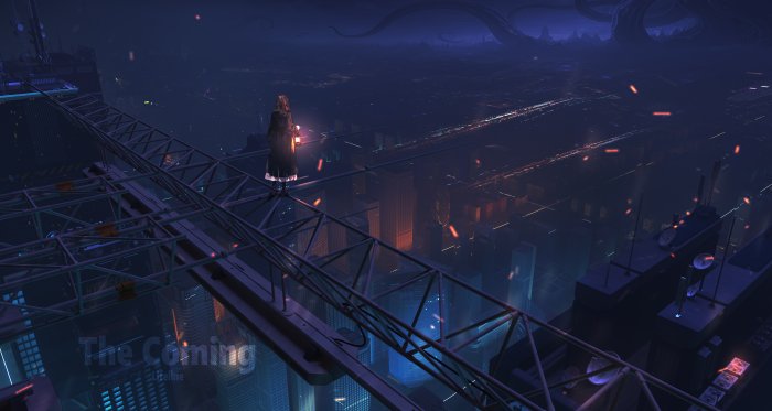 Girl with lantern overlooking a futuristic city at night